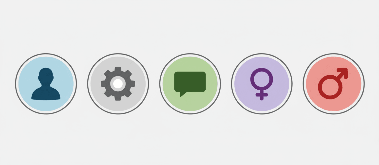 플랫 디자인 사용자 프로필 무료 아이콘: 사람 실루엣, 설정 톱니바퀴, 메시지 버블.