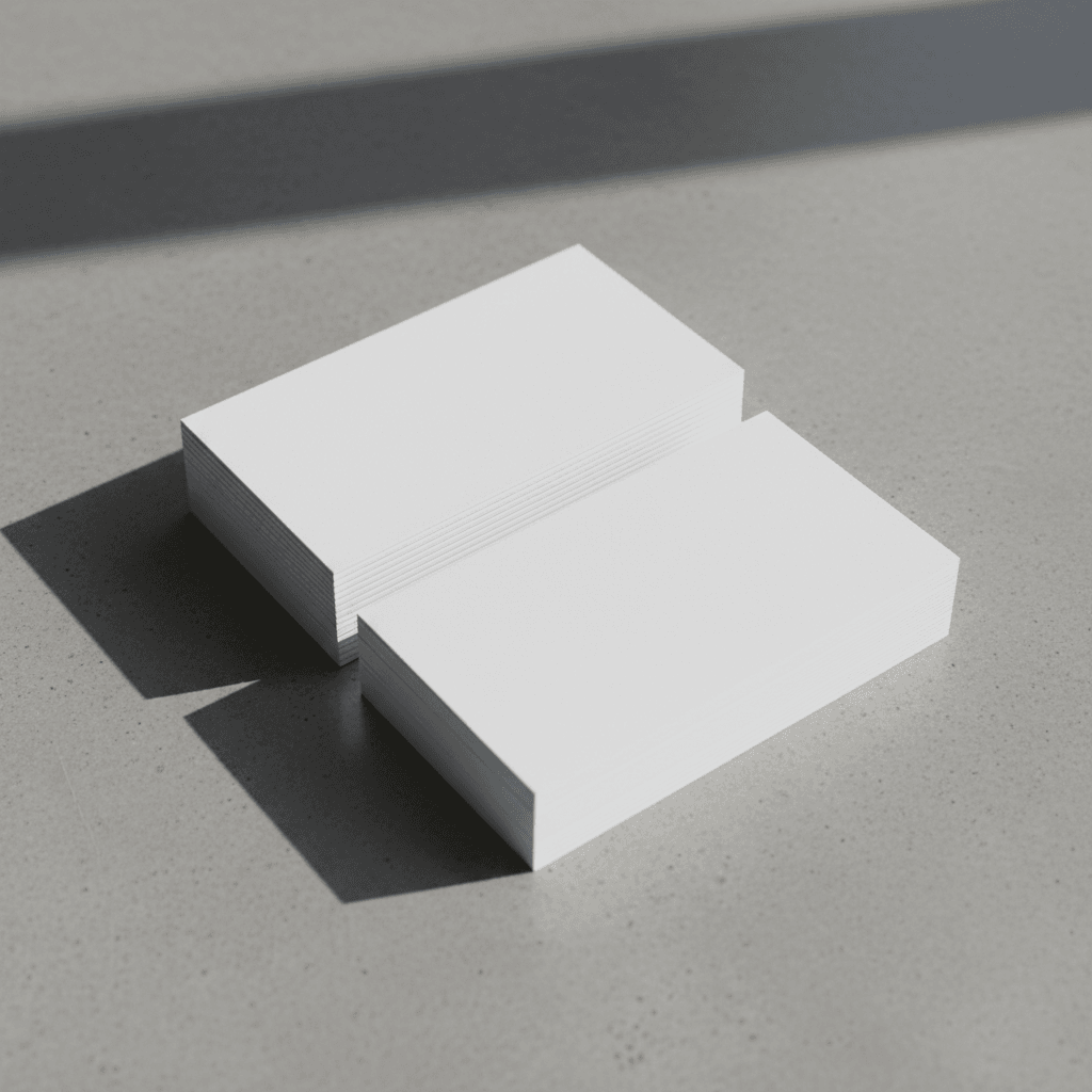 깔끔하고 우아한 흰색 명함 더미가 회색 콘크리트 표면에 놓여 있으며, 디자인 맞춤화를 기다리고 있습니다. 부드러운 그림자가 드리워져 있습니다.