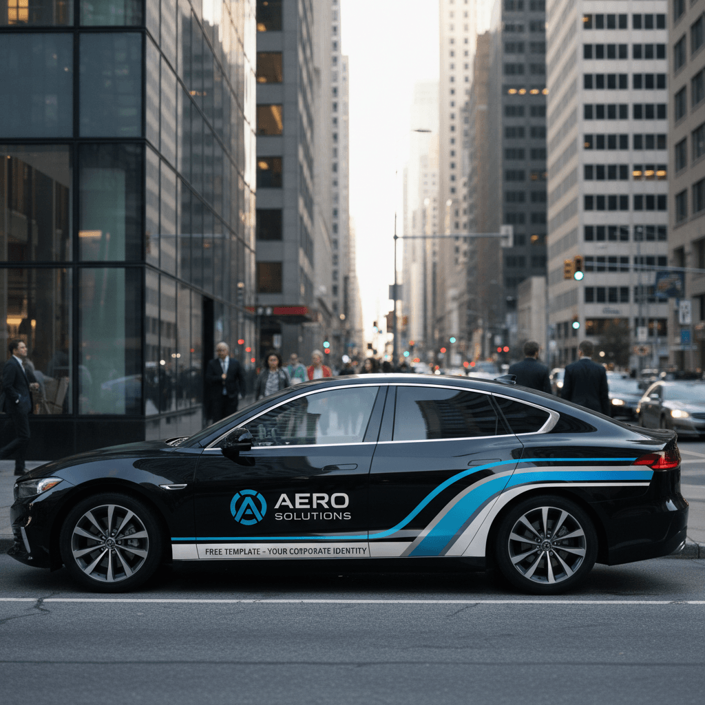 도시 환경에 주차된 자동차 문에 선명하게 보이는 로고와 그래픽이 적용된 차량 문 브랜딩 목업.