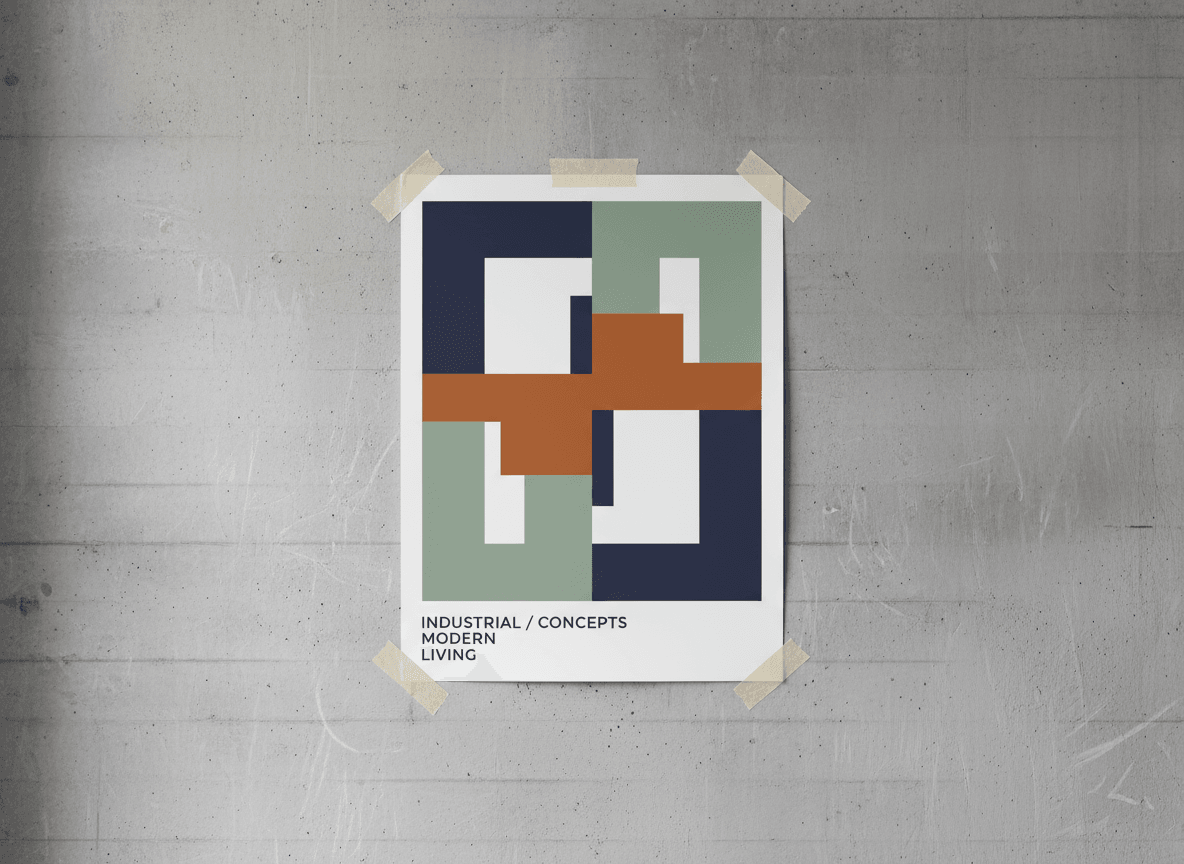 산업적인 분위기의 콘크리트 벽에 테이프로 붙여진 A4 포스터 목업.