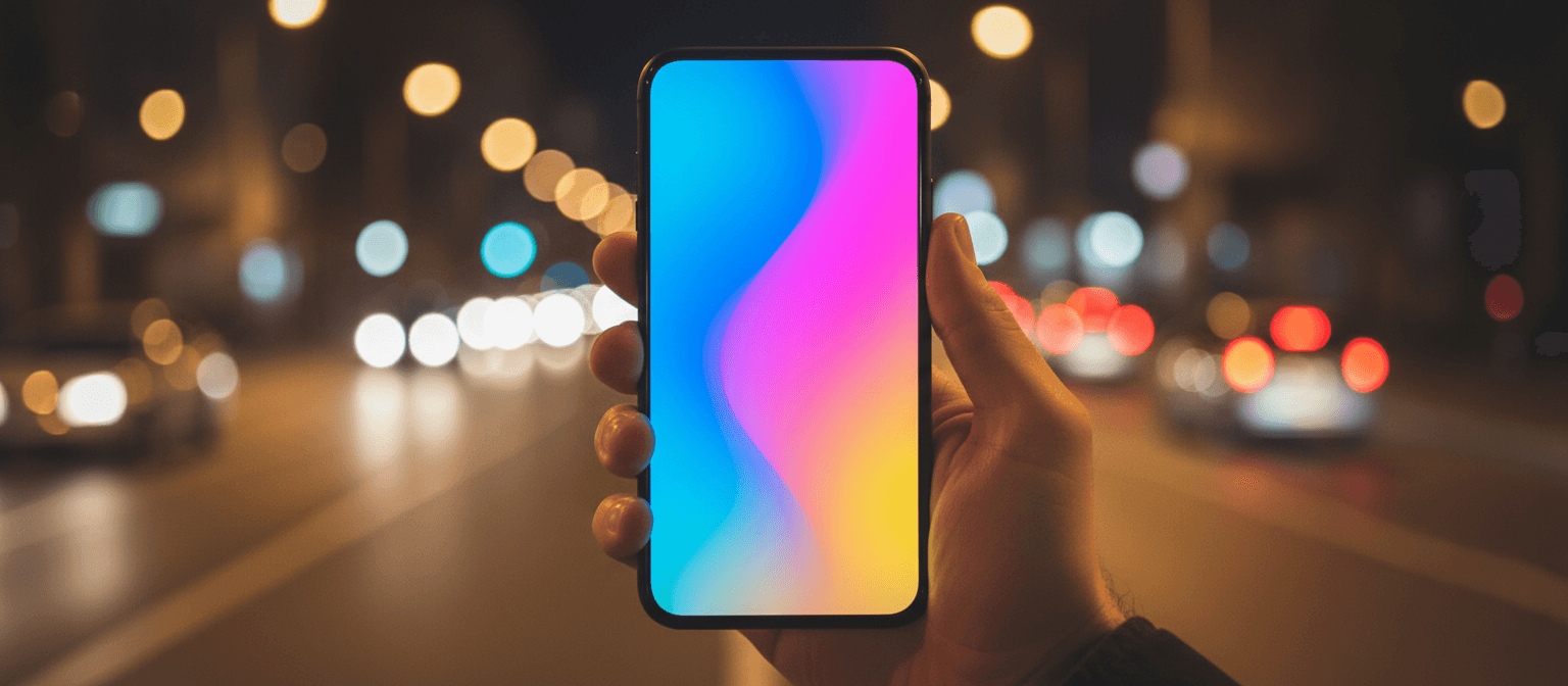 손이 검은색 스마트폰을 들고 있으며, 흐릿한 도시 배경을 뒤로 사용자 정의 가능한 빈 모바일 앱 인터페이스를 보여줍니다.