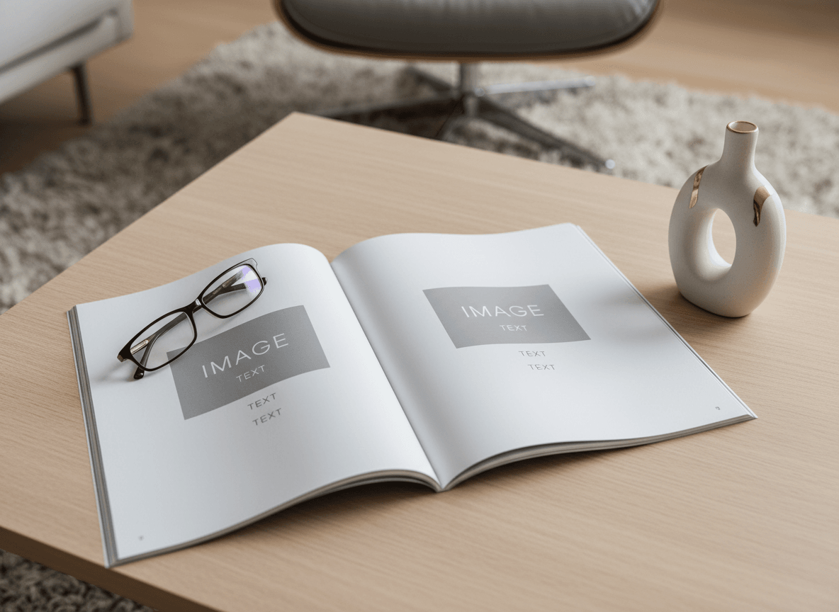 빈 이미지 및 텍스트 섹션이 있는 펼쳐진 패션 잡지가 세련된 커피 테이블에 놓여 있으며, 편집 디자인에 적합합니다.
