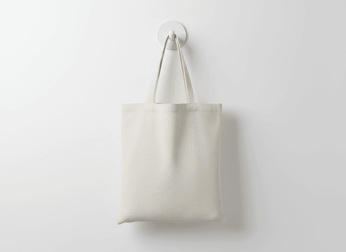 흰색 벽걸이에 걸려 있는 캔버스 에코백 목업 이미지.