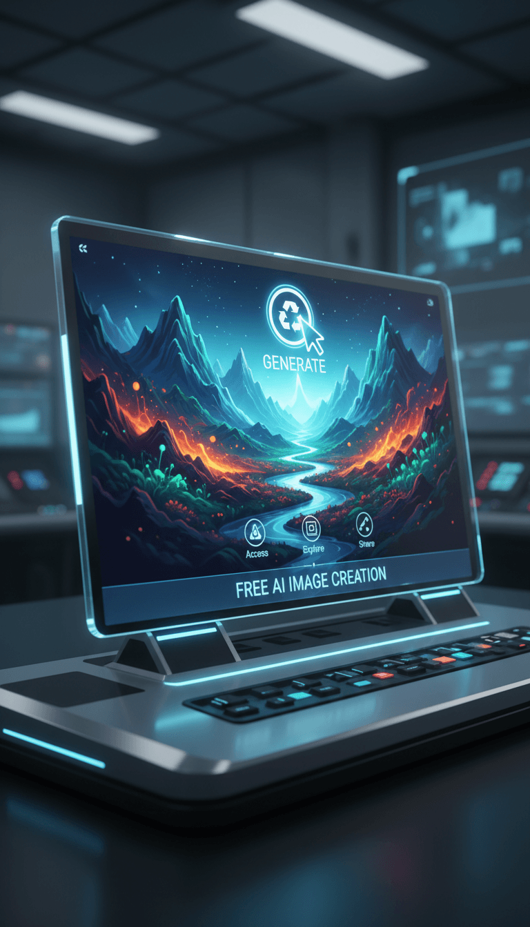활기찬 풍경을 생성하는 미래 지향적인 AI 인터페이스, 무료 AI 이미지 생성을 상징합니다.