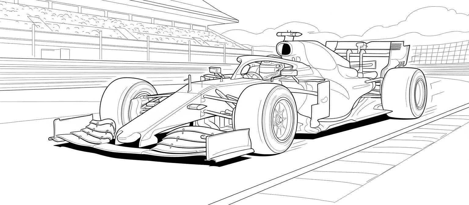 역동적인 포즈의 포뮬러 1 경주용 자동차의 상세한 색칠공부 도안.