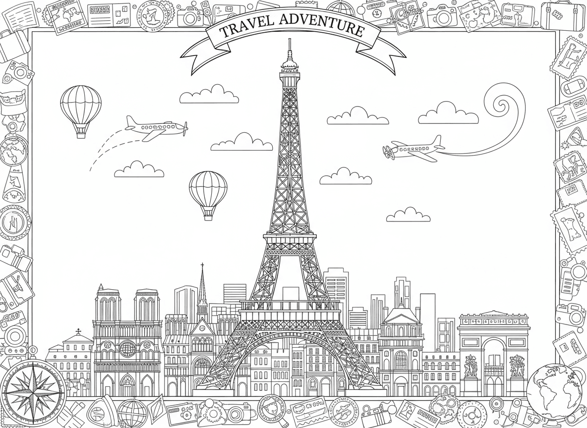 에펠탑과 도시 풍경이 있는 유명한 랜드마크 색칠공부 도안입니다.