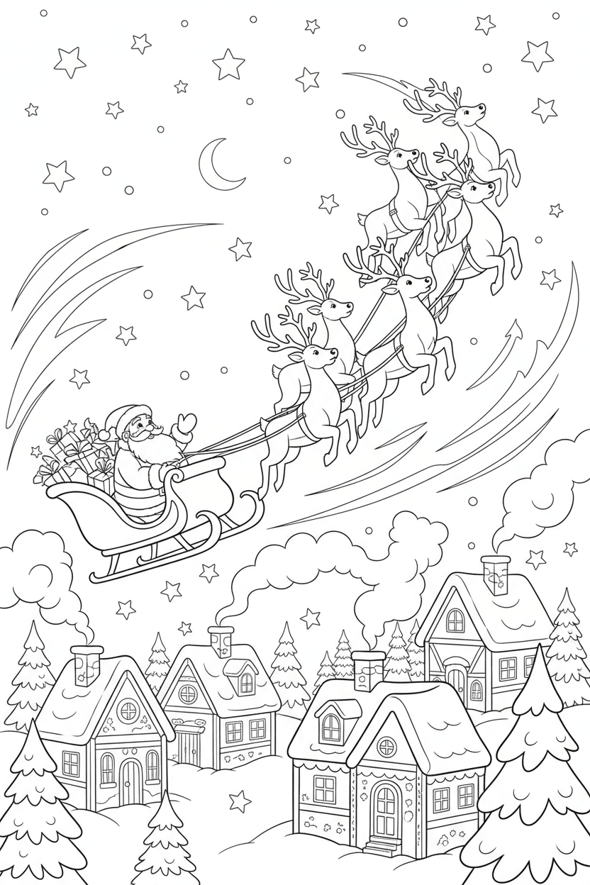 눈 덮인 마을 위로 썰매를 타고 있는 산타클로스와 순록, 별이 빛나는 밤 배경의 크리스마스 색칠 공부 도안, 깔끔한 카툰 흑백 선화.