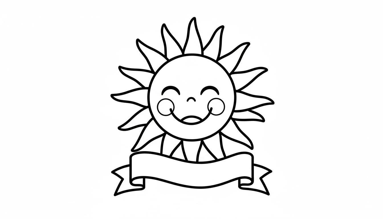 활짝 웃는 해의 단순한 흑백 만화 스타일 색칠도안.