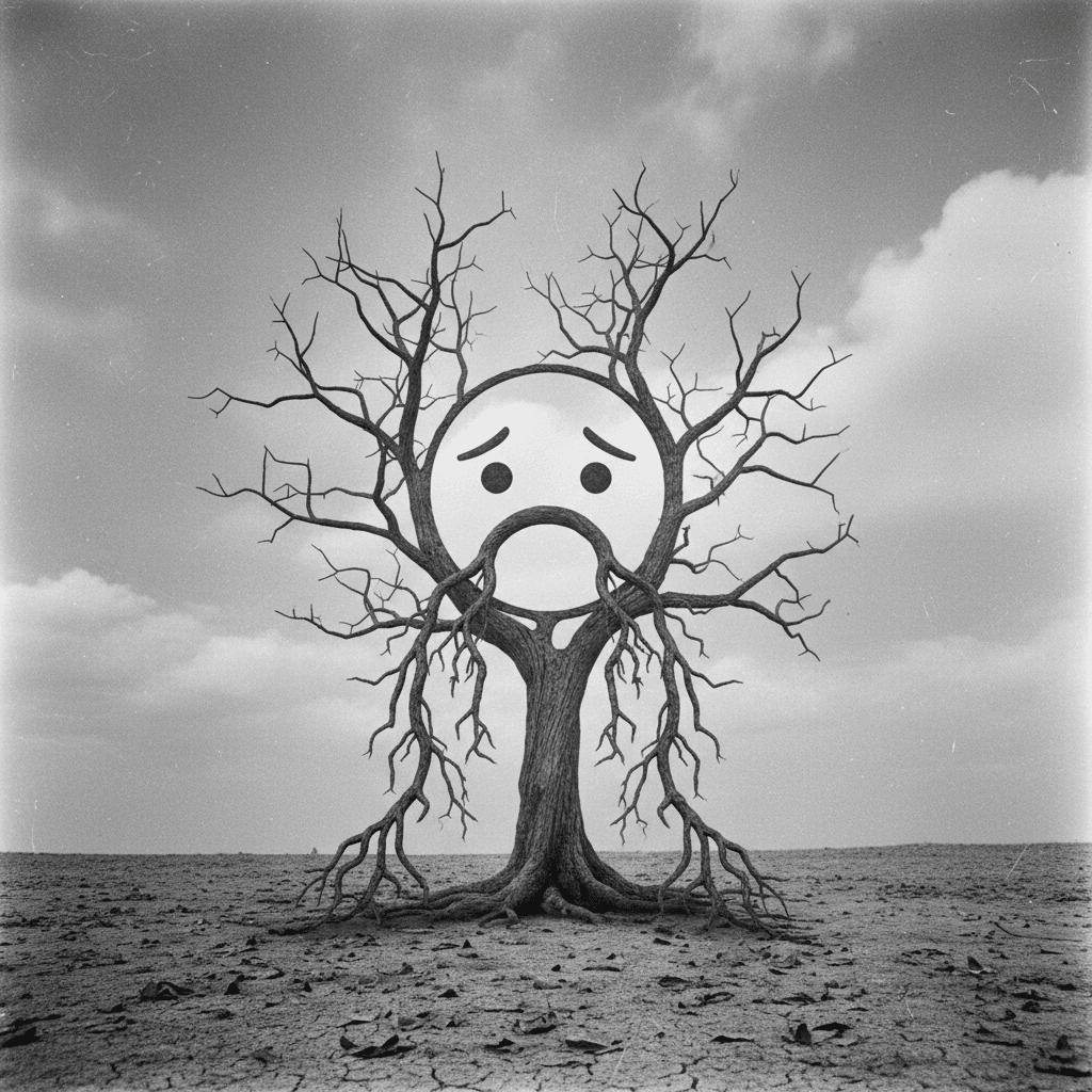 가지들이 눈물을 표현하며 앙상한 나무 속에 예술적으로 형성된 슬픈 얼굴 이모지를 보여주는 흑백의 멜랑콜리한 사진.
