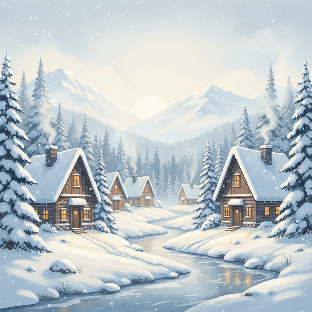 눈 덮인 오두막과 소나무가 있는 아늑한 겨울 풍경 일러스트.