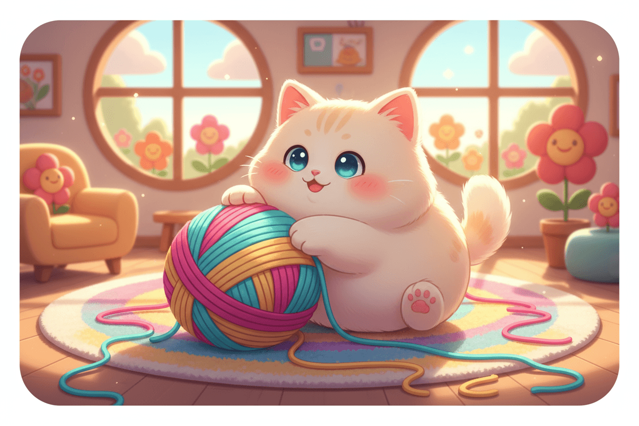 실뭉치와 노는 행복한 고양이를 그린 귀여운 치비 스타일 일러스트, 밝은 색상, 둥근 특징.