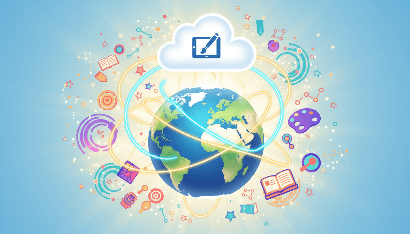 지구와 중앙 클라우드 아이콘이 연결되어 전 세계 일러스트 무료 접근을 상징하는 생동감 넘치는 일러스트레이션.