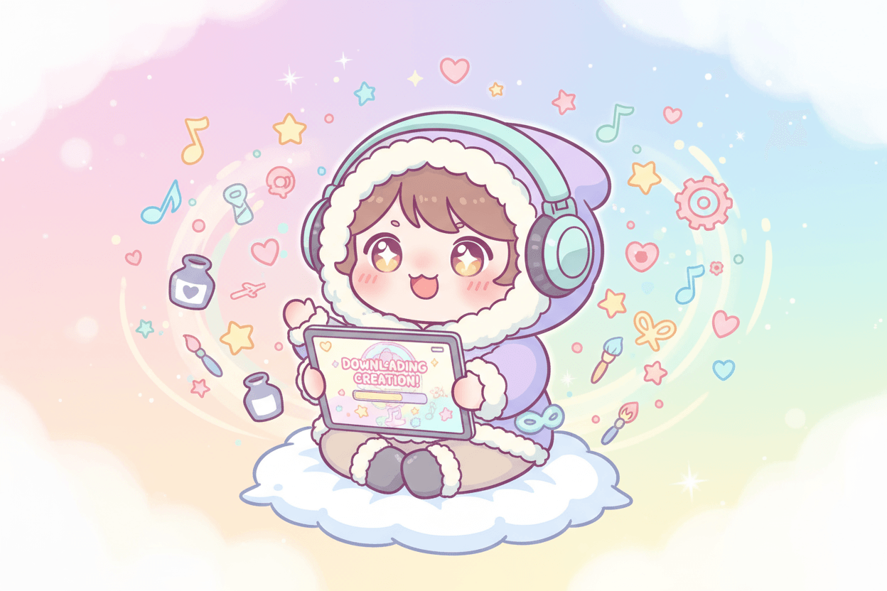 귀여운 치비 캐릭터가 태블릿에 일러스트를 신나게 다운로드하는 모습.