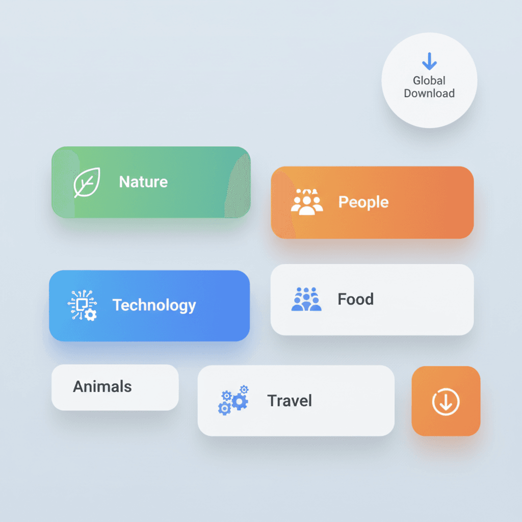 무료 일러스트 카테고리와 다운로드 아이콘이 있는 머티리얼 디자인 UI 일러스트.