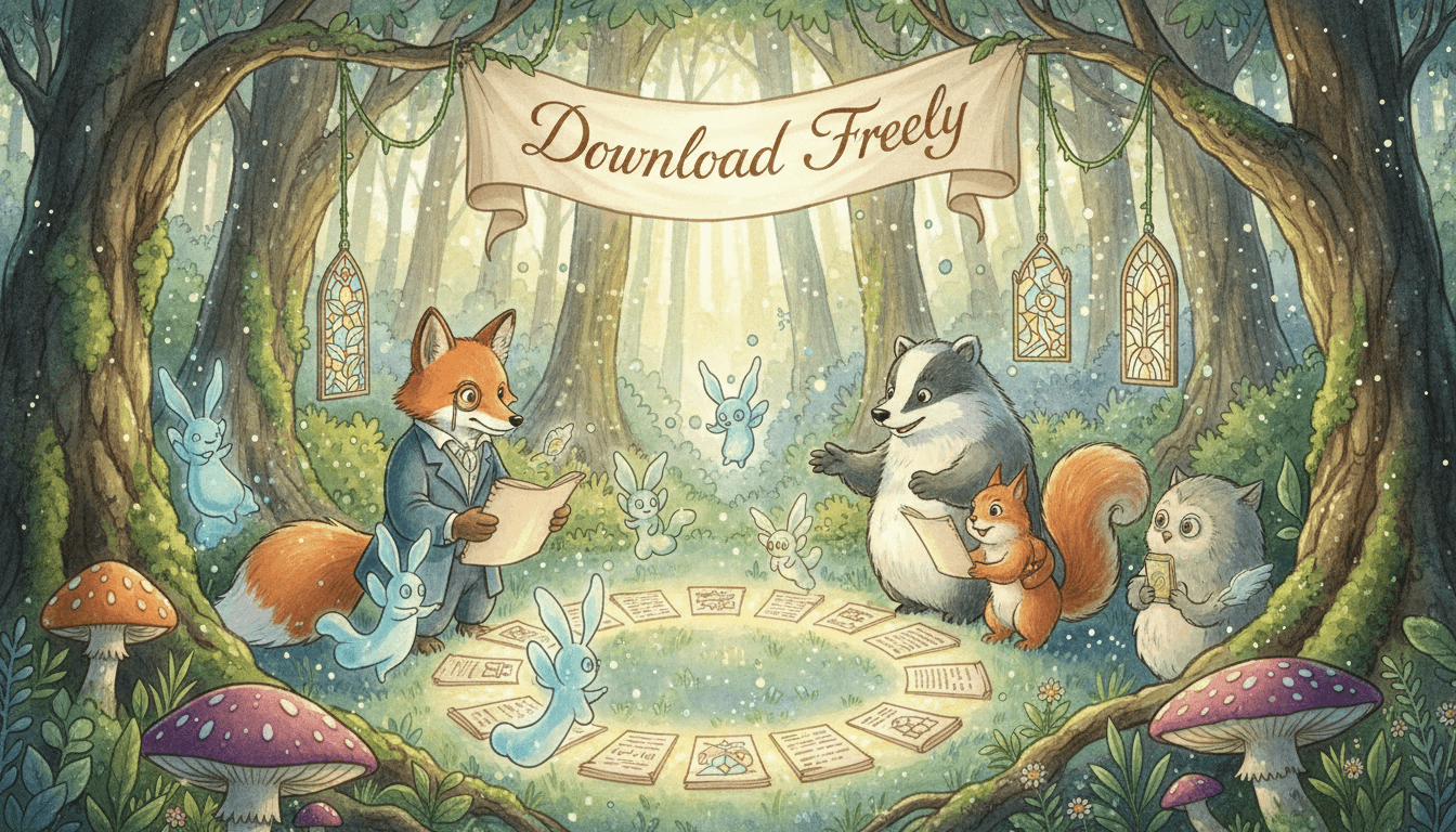 숲속 동물들이 무료 미술 두루마리를 나누는 지브리풍 일러스트.