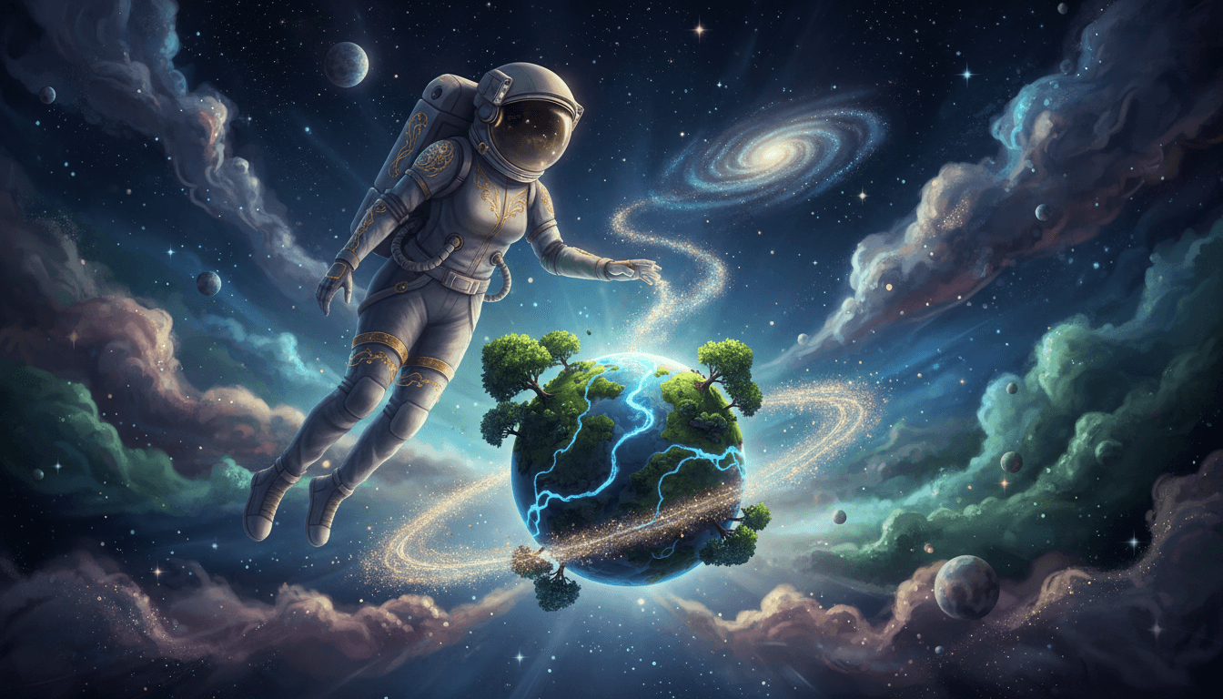 나무와 강이 있는 작은 거주 가능한 행성 근처 우주에 떠 있는 우주비행사의 스토리텔링 일러스트레이션.