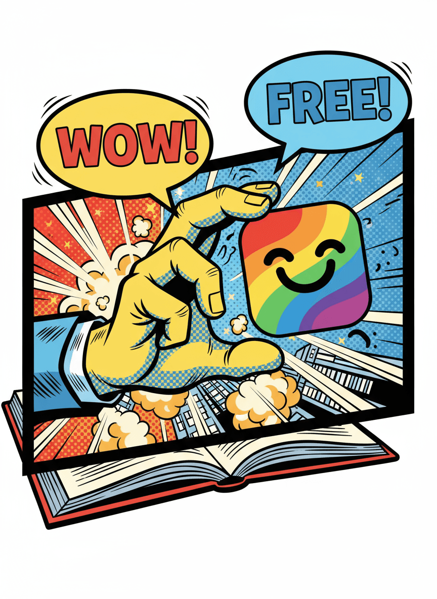 만화책 칸에서 튀어나온 손이 떠다니는 컬러풀한 일러스트 아이콘을 잡는 장난스러운 팝아트 일러스트, "와우!"와 "무료!" 말풍선.
