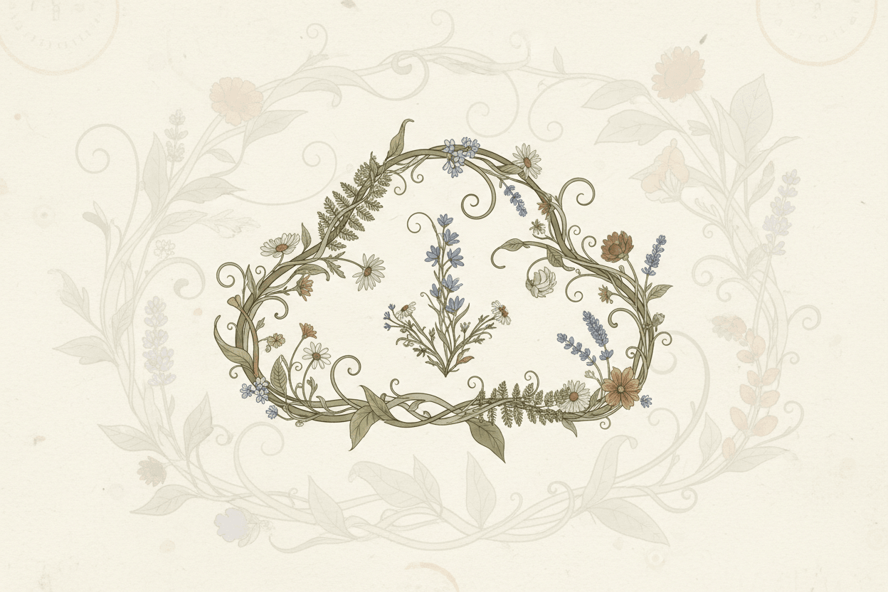 나뭇잎과 꽃들이 다운로드 아이콘을 형성하는 자연 영감 일러스트.