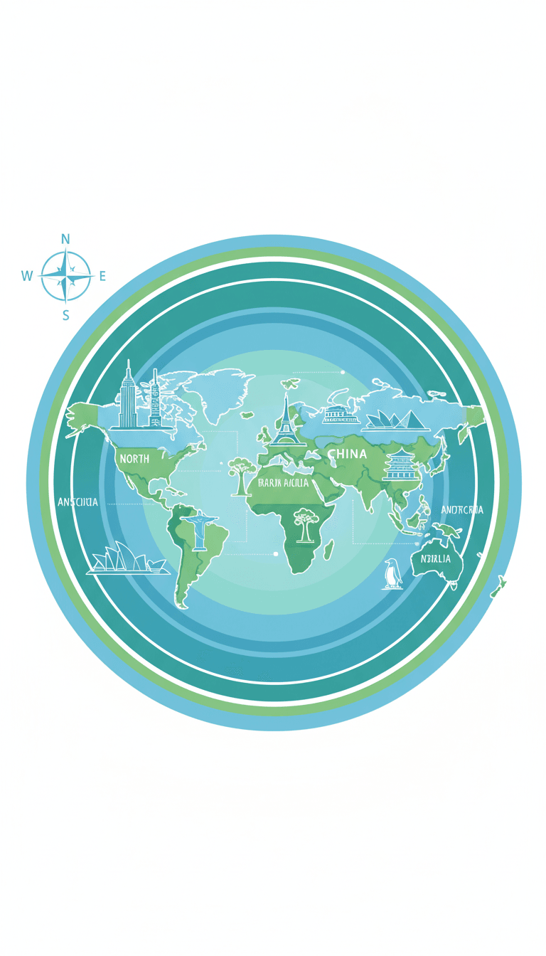 각 대륙의 상징적인 랜드마크가 있는 매우 양식화된 세계 지도 일러스트레이션, 현대적인 인포그래픽 스타일.