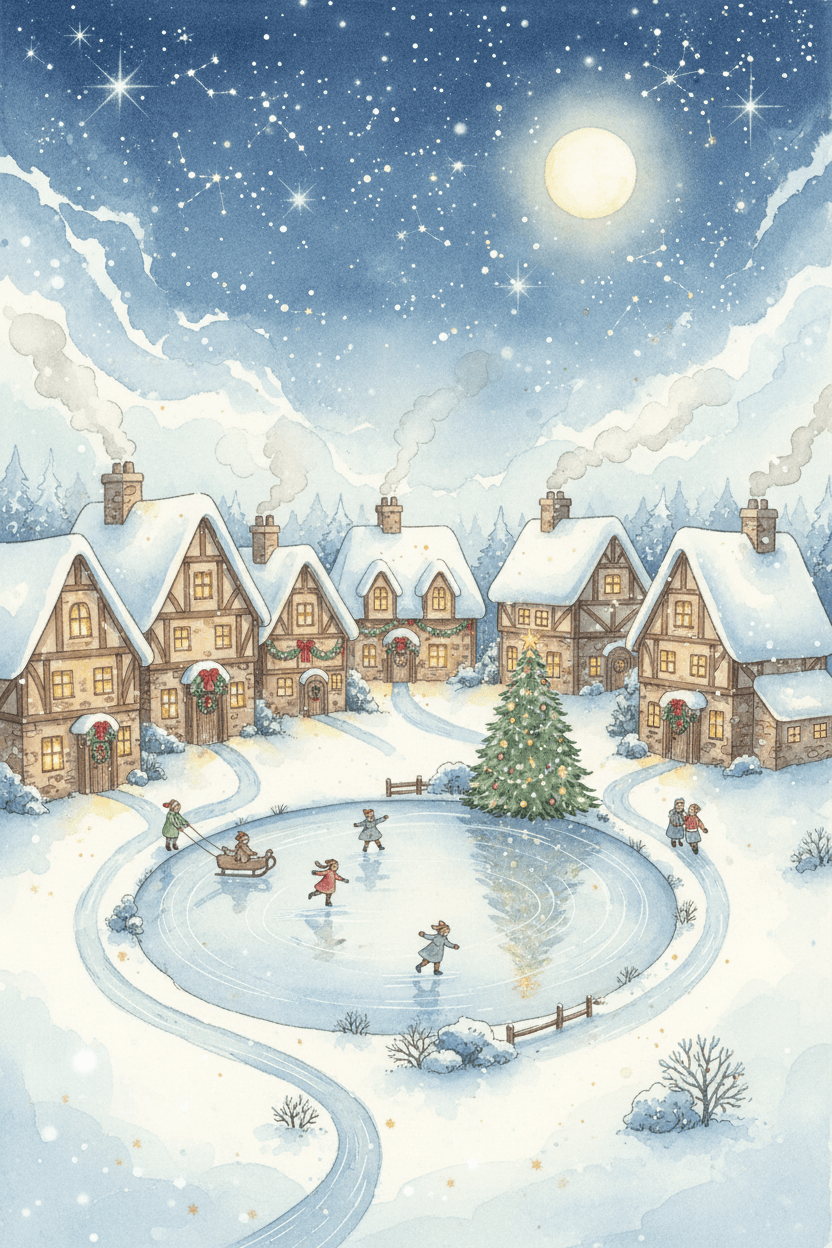 눈 덮인 오두막과 얼어붙은 연못이 있는 부드러운 수채화 스타일의 매력적인 크리스마스 마을 일러스트.