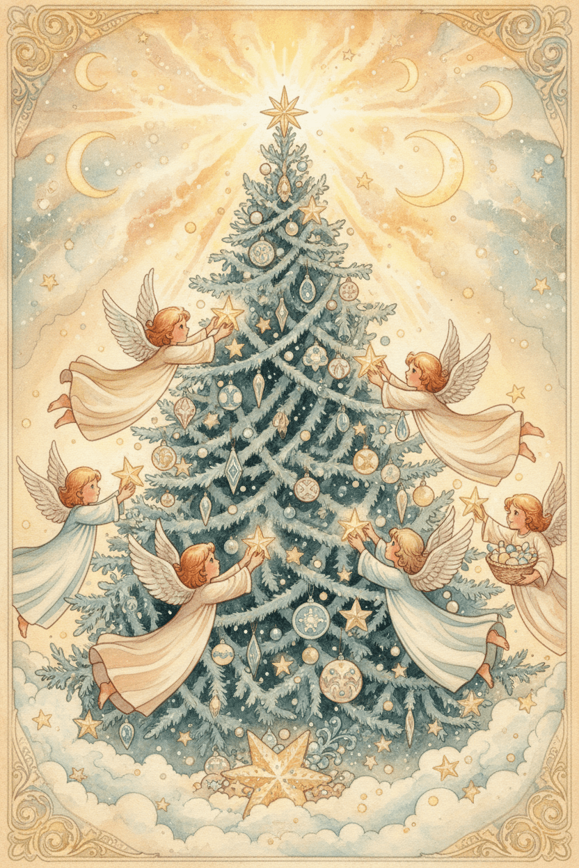 천상에서 천사들이 크리스마스 트리에 별을 놓는 매혹적인 동화풍 일러스트.