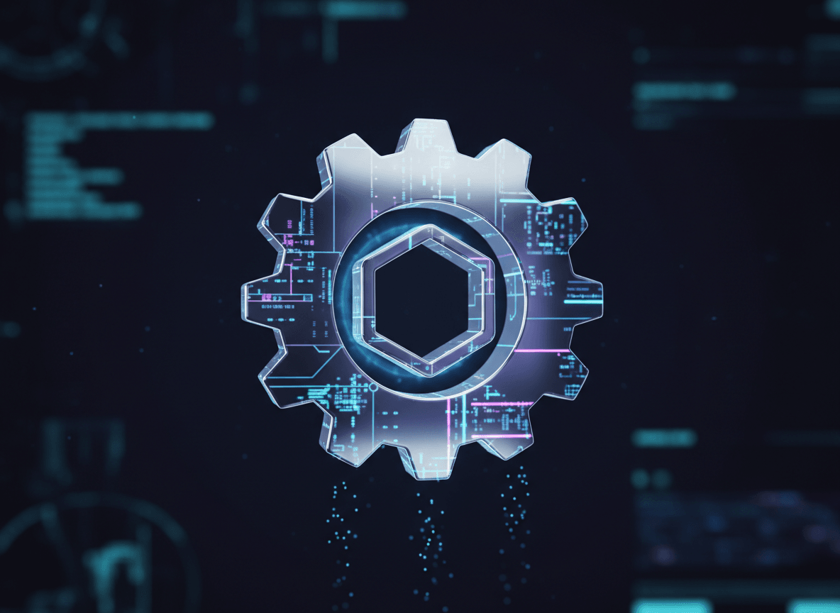 크롬 도금된 3D 기어 픽토그램, SF 인터페이스 요소.