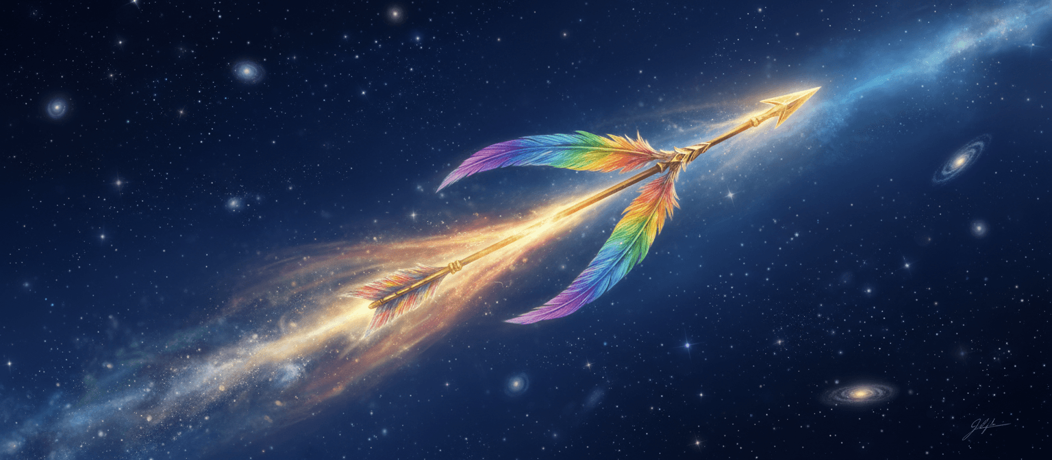 별이 빛나는 밤하늘을 나는 깃털 달린 황금색 화살표.