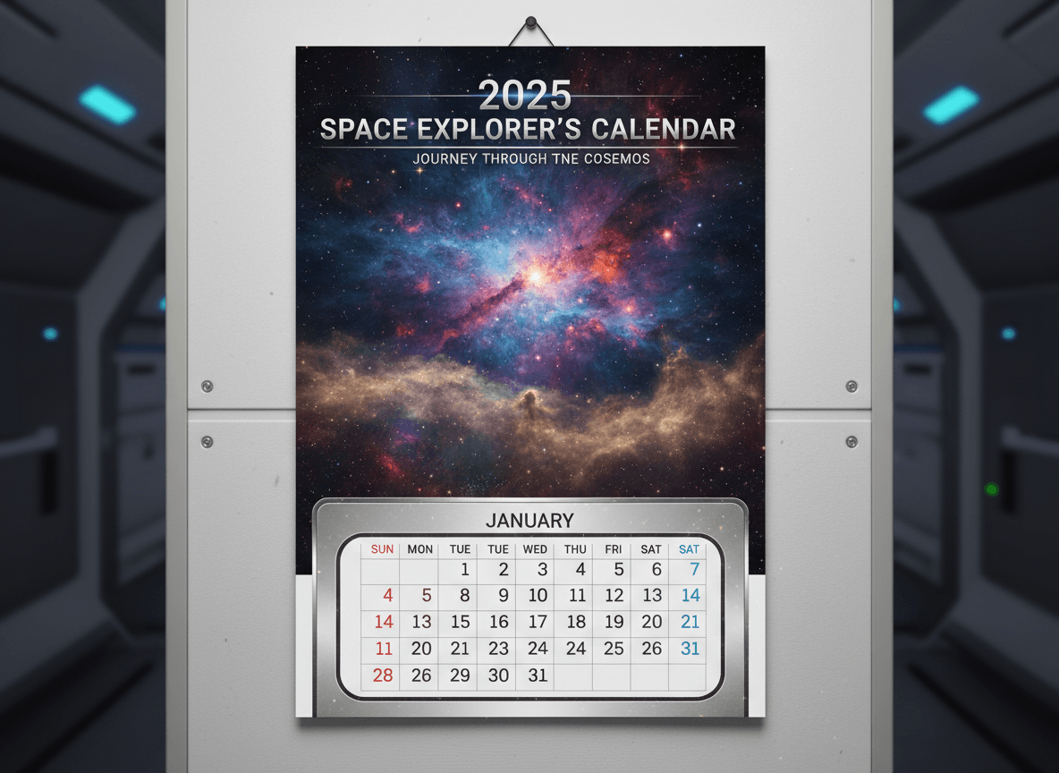 성운, 행성, 은하계의 멋진 이미지로 가득 찬 우주 비행사 테마의 2025년 달력.