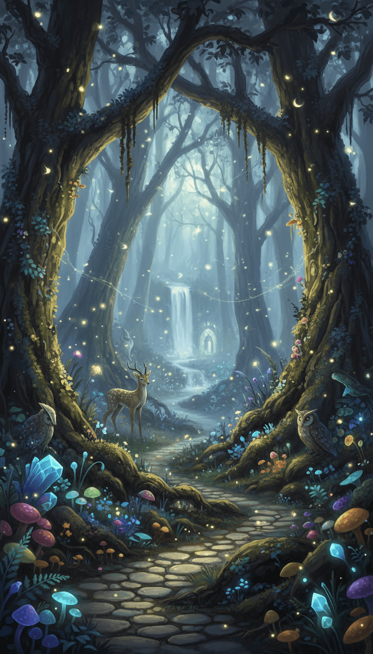 생물 발광 식물과 반딧불이 빛나는 마법의 숲이 있는 기발한 4K 배경화면, 안개 낀 분위기, 고대 나무.
