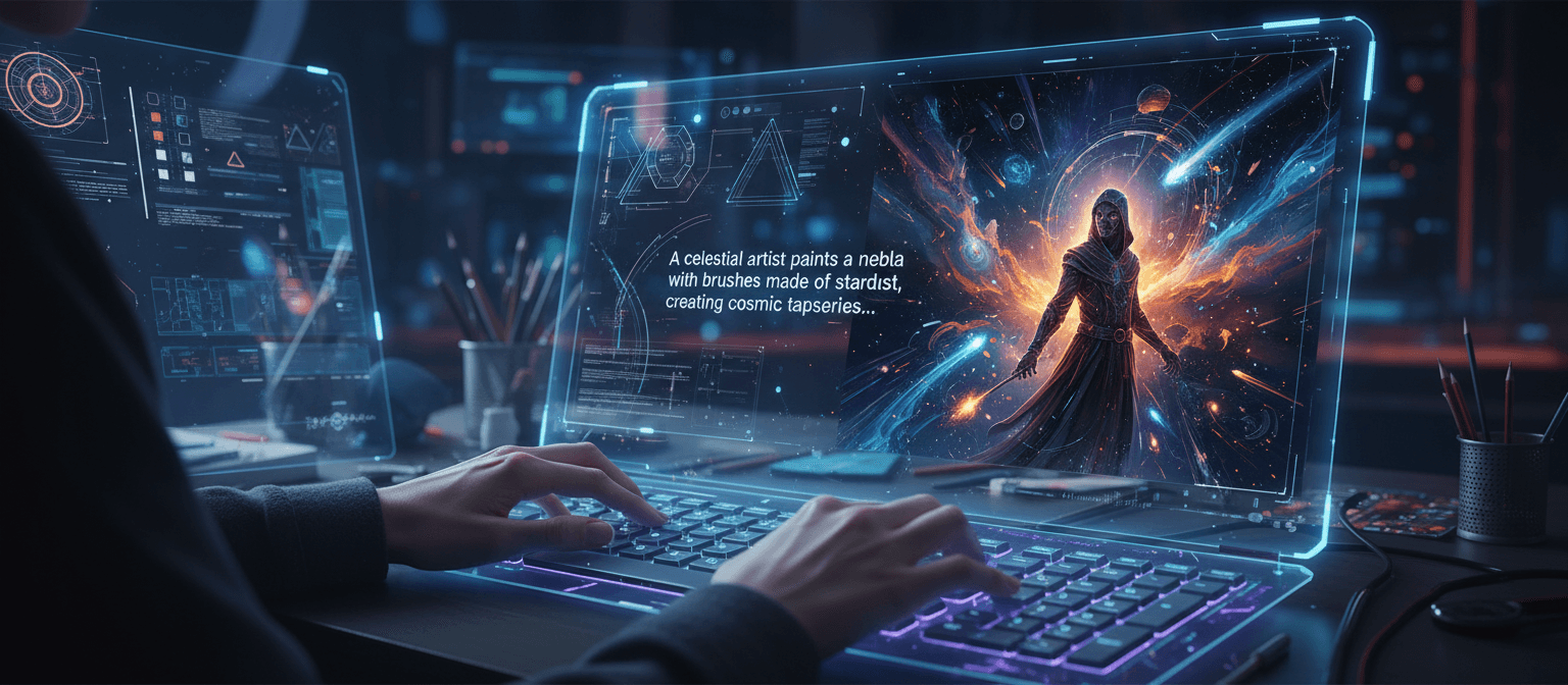 AI 이미지 생성 사이트에 프롬프트를 입력하고 화면에 디지털 아트가 형성되는 모습.