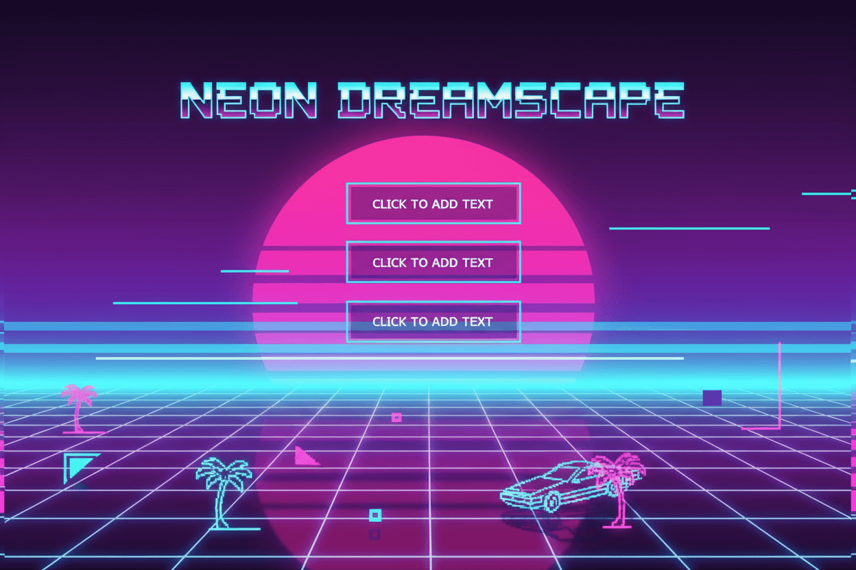 80년대 베이퍼웨이브 미학, 네온 그리드, 신스웨이브 색상이 있는 복고풍 향수 PPT 템플릿.