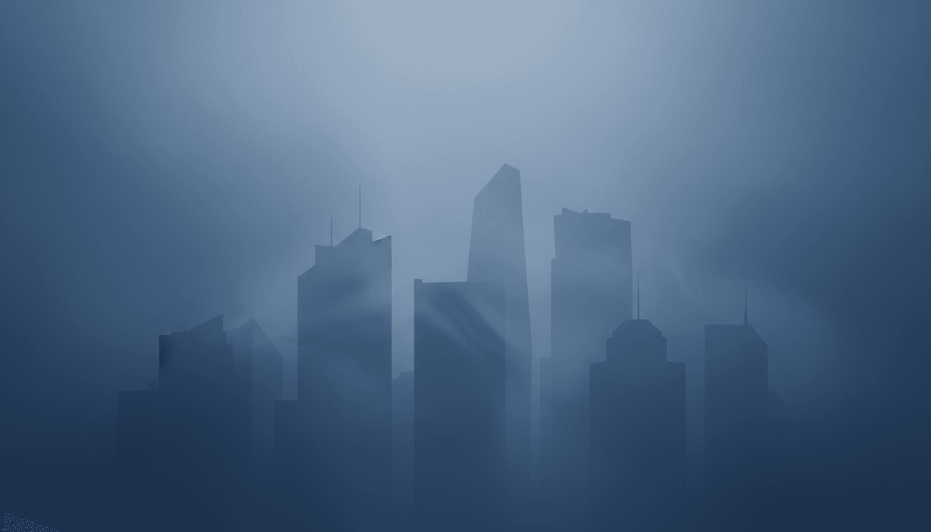 안개 낀 하늘을 배경으로 한 마천루의 미묘한 실루엣이 있는 현대적인 도시 PPT 표지.