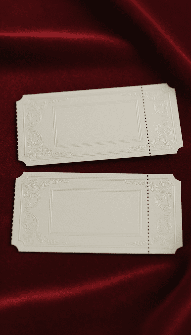 두 장의 빈 이벤트 티켓이 벨벳 위에 놓여 있으며, 이벤트 세부 정보를 추가할 준비가 되어 있습니다.