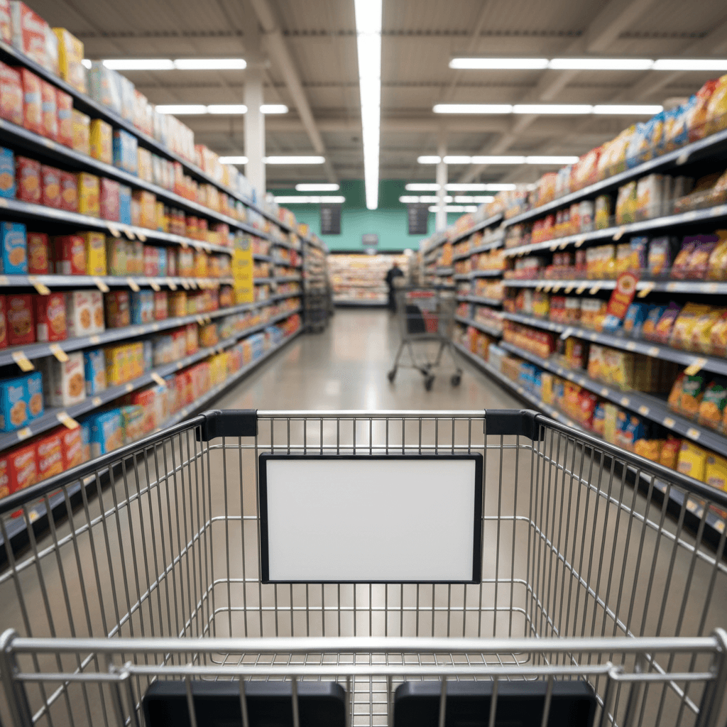쇼핑 카트 앞면의 빈 광고 공간이 밝게 빛나는 슈퍼마켓 통로에서 보입니다. 소매 광고를 위한 것입니다.