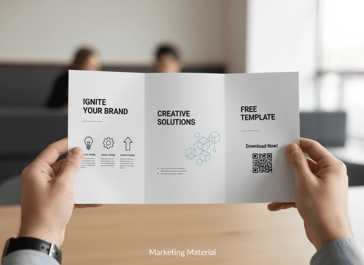 내부 페이지를 보여주며 손으로 펼쳐진 세 단 접이식 브로슈어 목업.