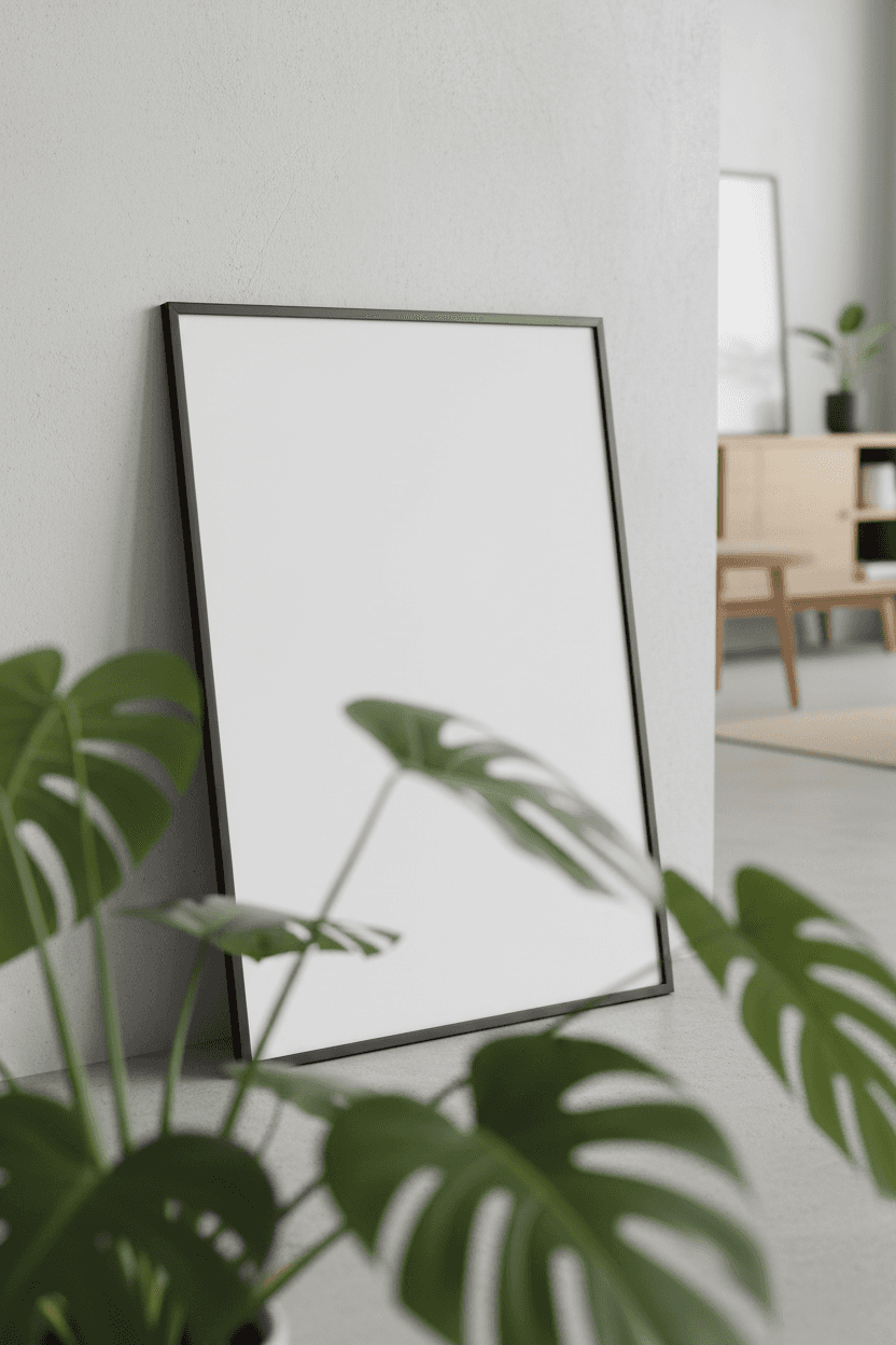하얀 빈 A4 포스터 프레임이 현대적인 거실의 밝은 회색 벽에 기대어 있습니다. 작품 전시를 위한 모습입니다.