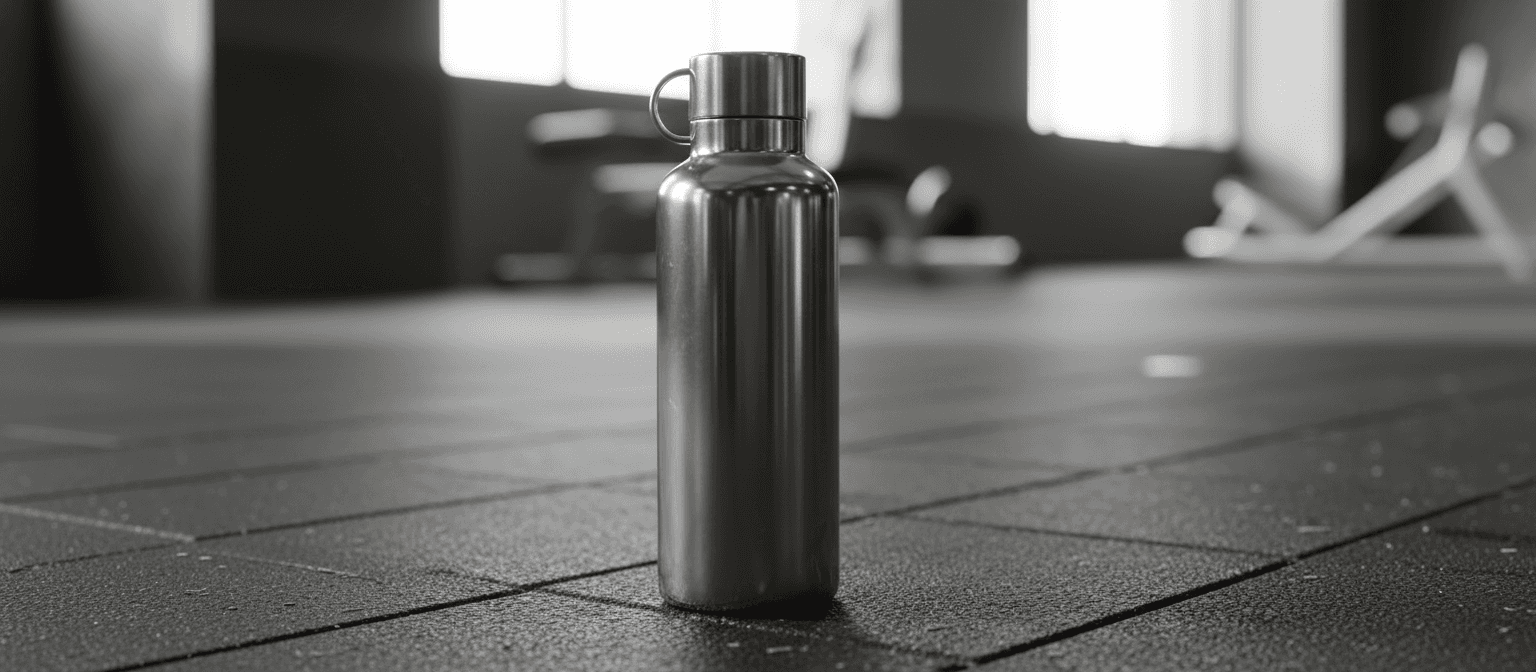 브랜드가 없는 스테인리스 스틸 물병이 헬스장 바닥에 서 있습니다. 스포츠 브랜드를 표시하기에 적합합니다.