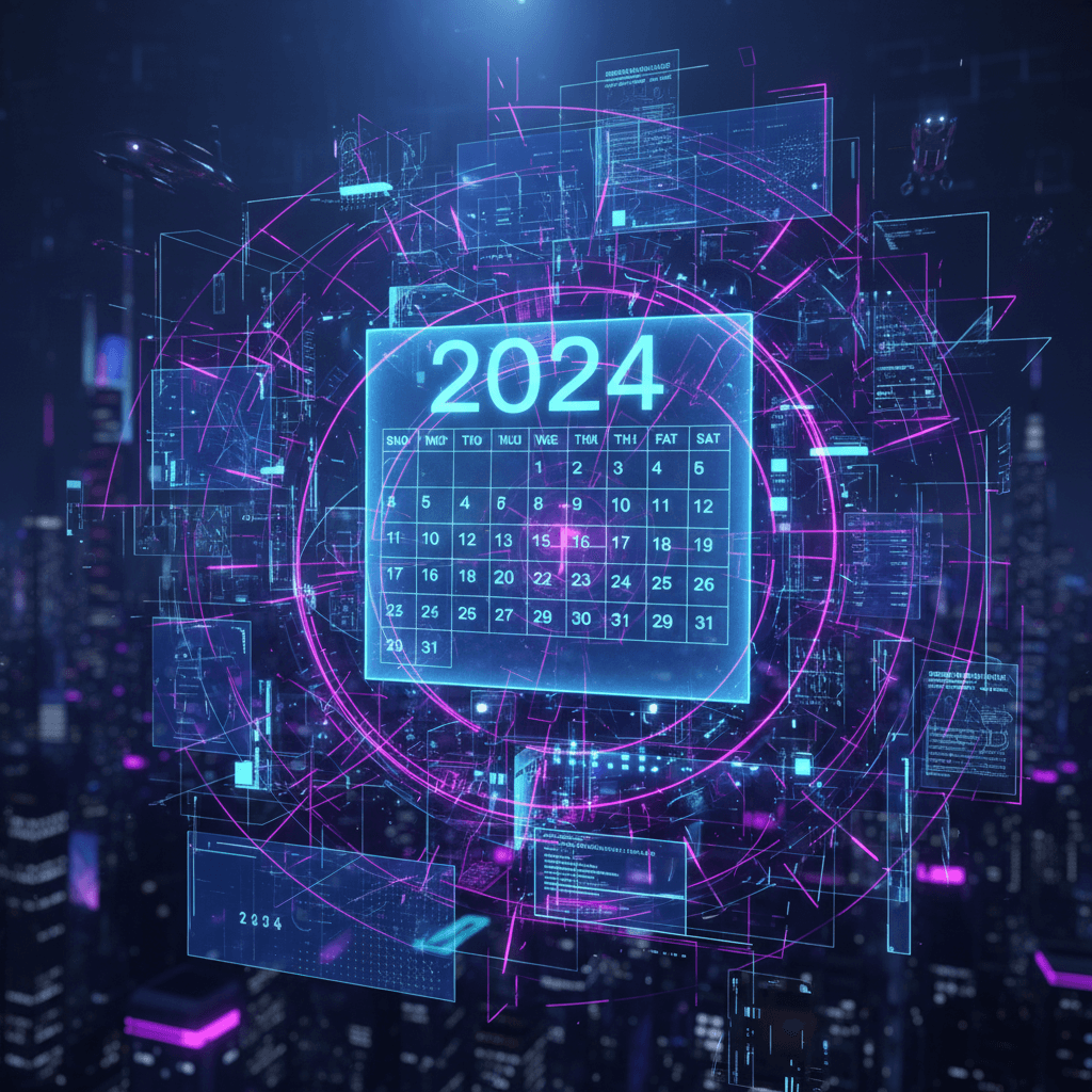 첨단 파란색과 보라색 네온 인터페이스 안에 떠 있는 미래형 홀로그램 2024년 달력.