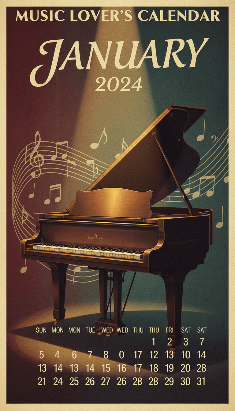 악기의 빈티지 포스터 아트가 담긴 음악 테마의 2024년 달력.