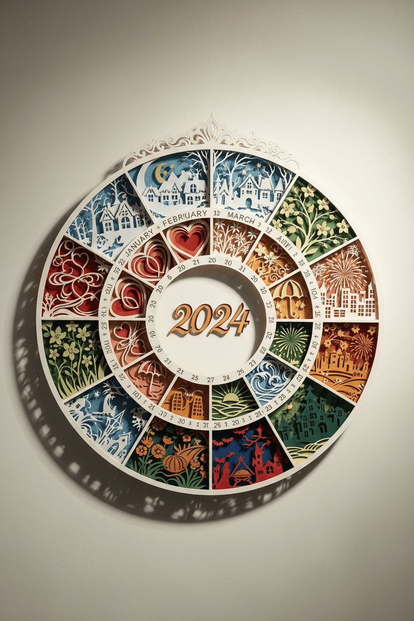 깊이와 그림자를 만드는 다층 잘라내기로 구성된 정교한 페이퍼 컷 아트 스타일 2024년 달력.