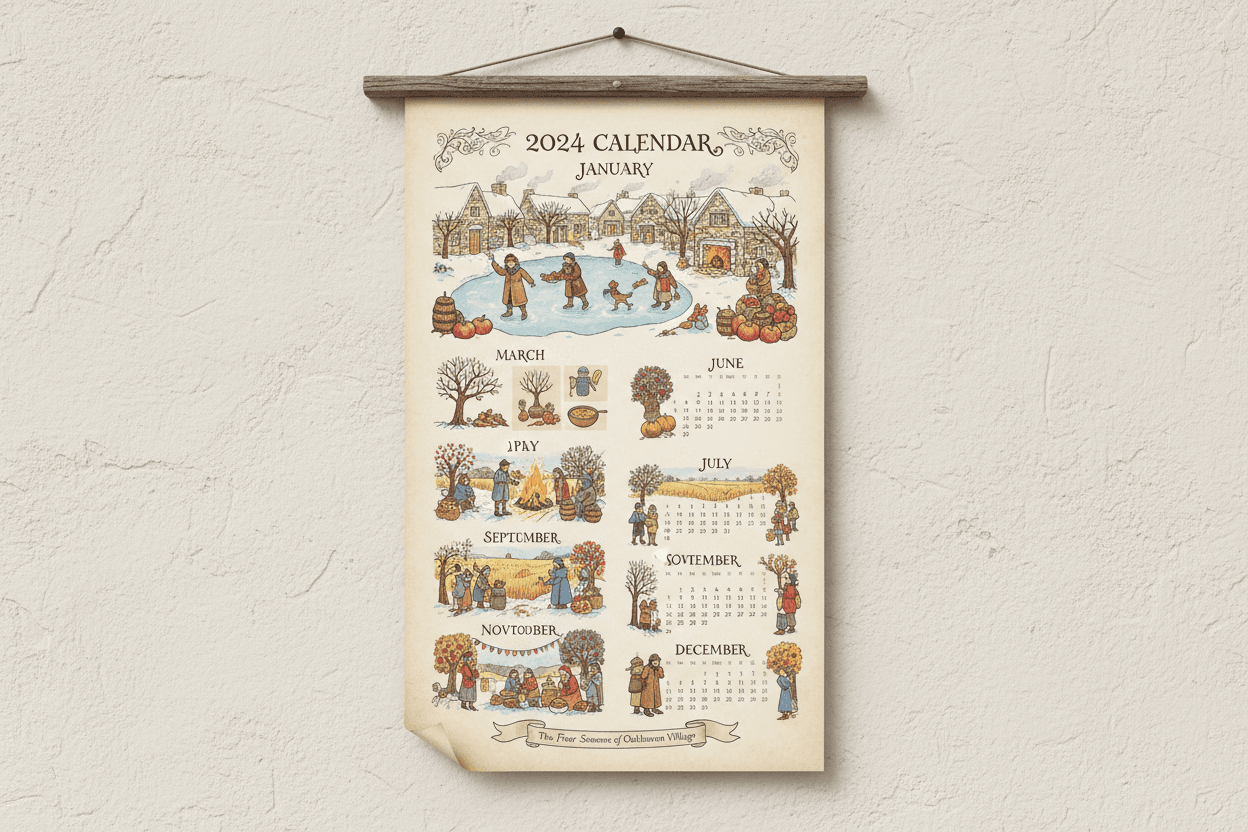 평화로운 마을의 계절별 활동을 보여주는 손으로 그린 2024년 벽걸이 달력.
