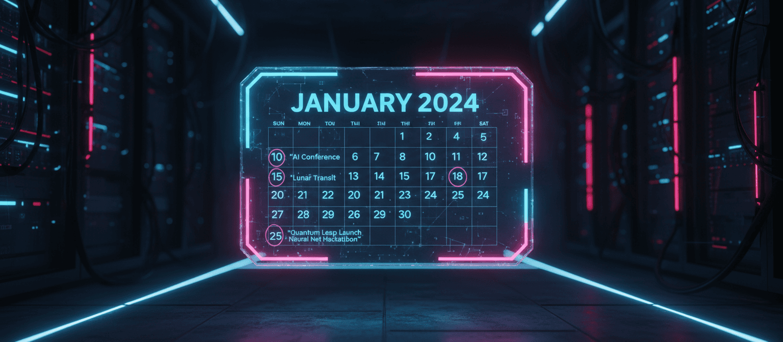 투명 스크린에 홀로그램으로 날짜를 표시하는 미래형 2024년 디지털 달력 인터페이스.