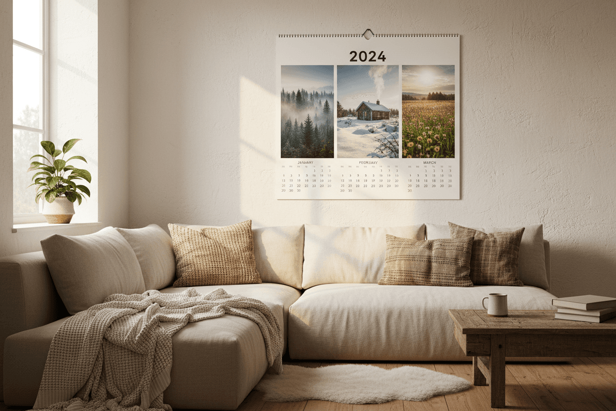 따뜻한 자연광이 비추는 아늑한 거실에 걸려 있는 2024년 벽 달력.