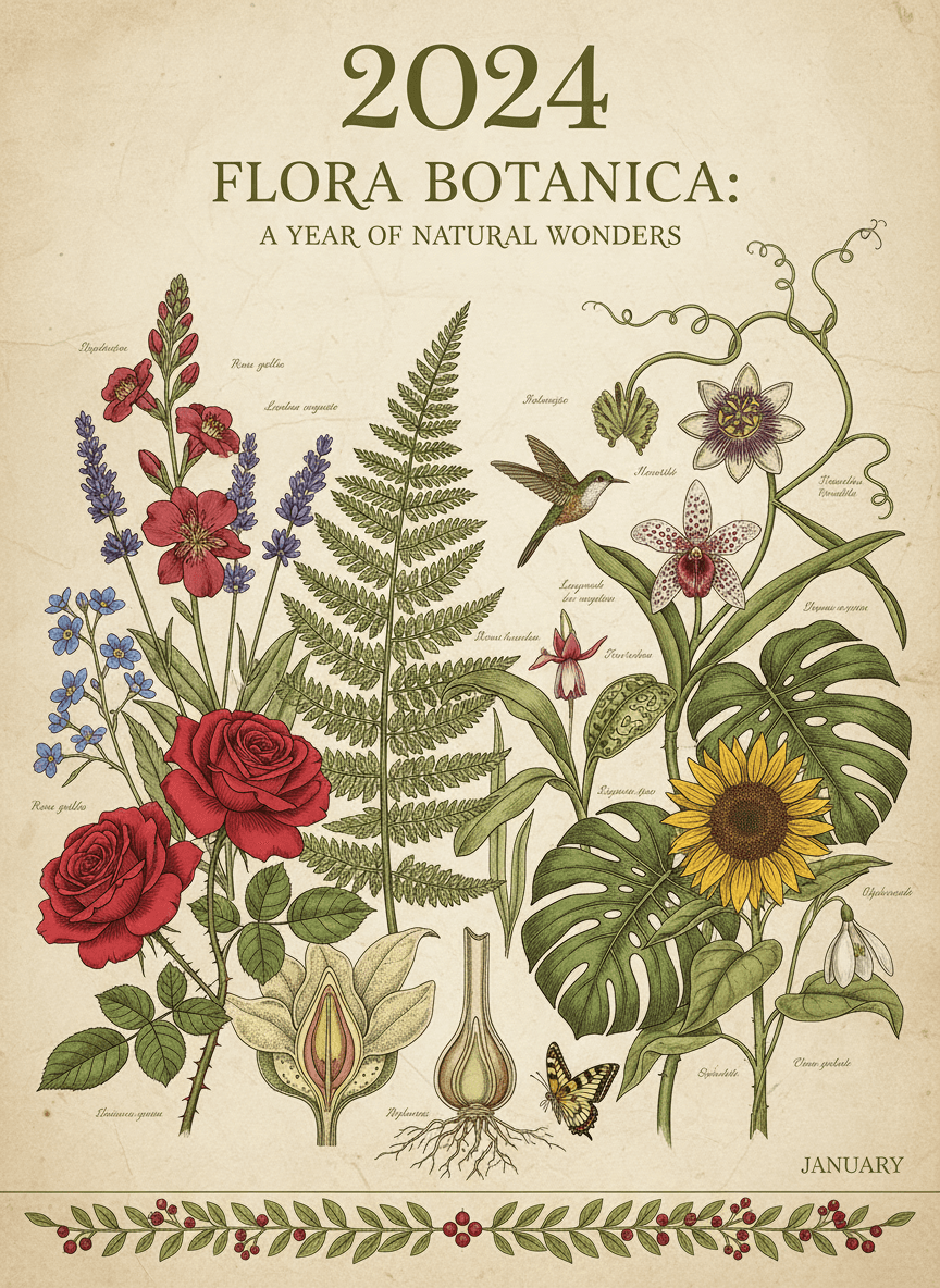 다양한 꽃과 식물의 정교한 식물학적 삽화가 그려진 2024년 달력.