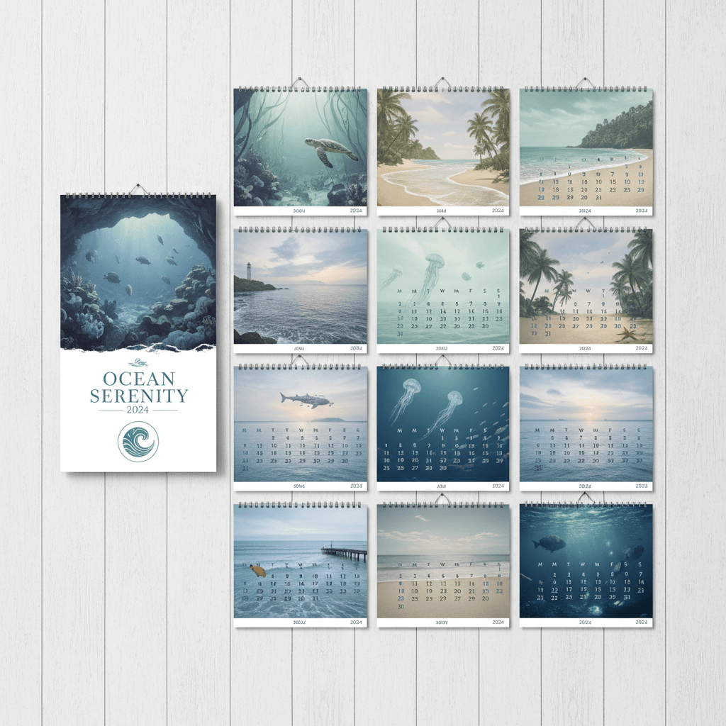 평화로운 해변과 바닷속 풍경이 담긴 바다 테마의 2024년 달력.