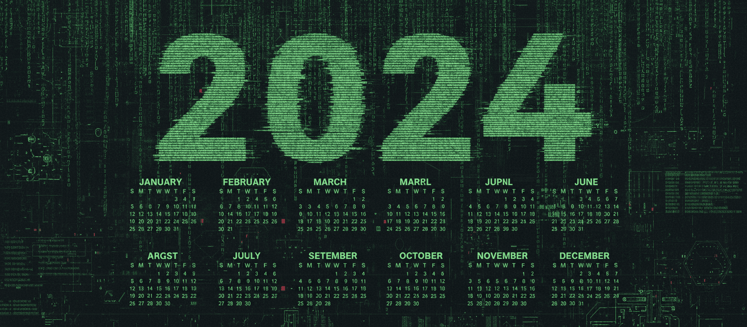 녹색 코드가 떨어지고 디지털 글리치 효과가 있는 '매트릭스'에서 영감을 받은 2024년 달력.