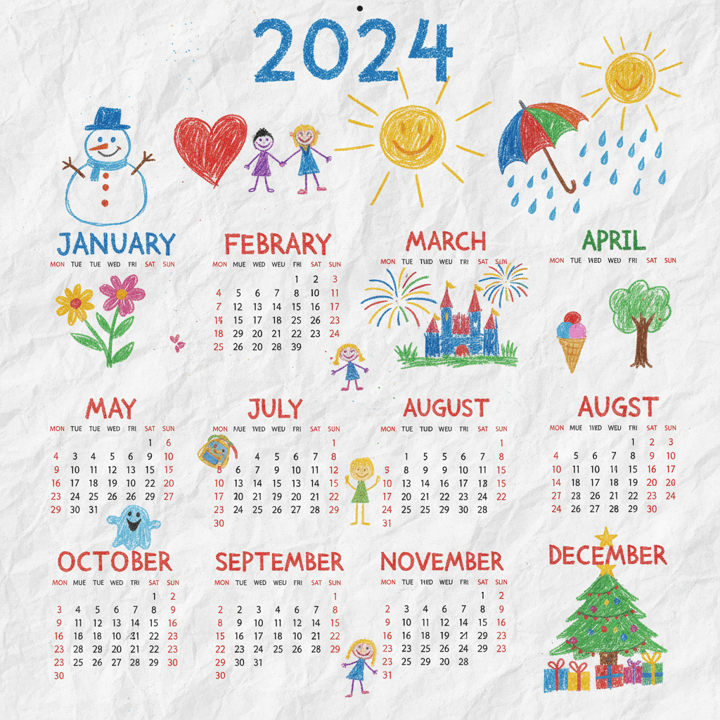 아이의 밝고 단순한 크레용 그림처럼 보이는, 행복한 인물들이 그려진 2024년 달력.