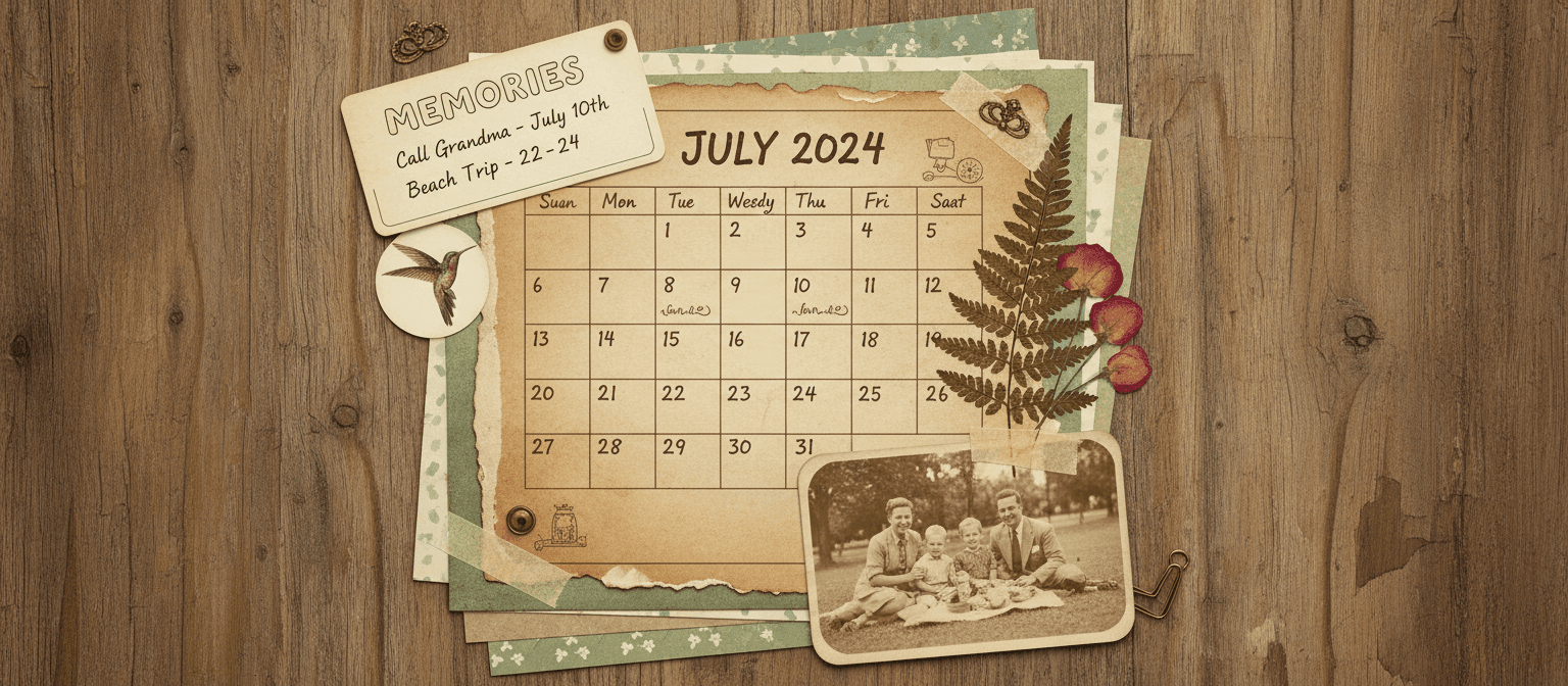 빈티지 사진, 압화, 손글씨 메모가 있는 향수를 불러일으키는 스크랩북 스타일 2024년 달력.
