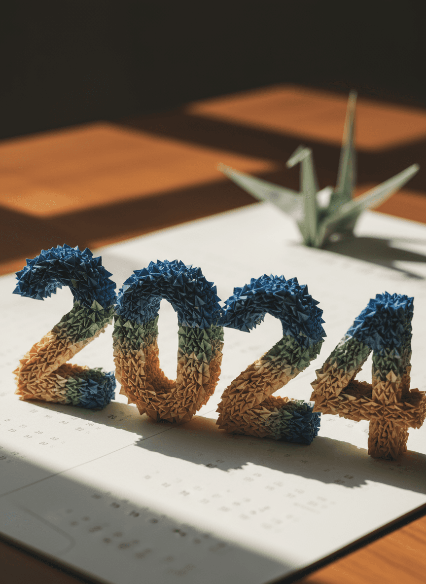 섬세한 그림자가 있는 복잡한 종이 접기로 만들어진 예술적인 2024년 달력.