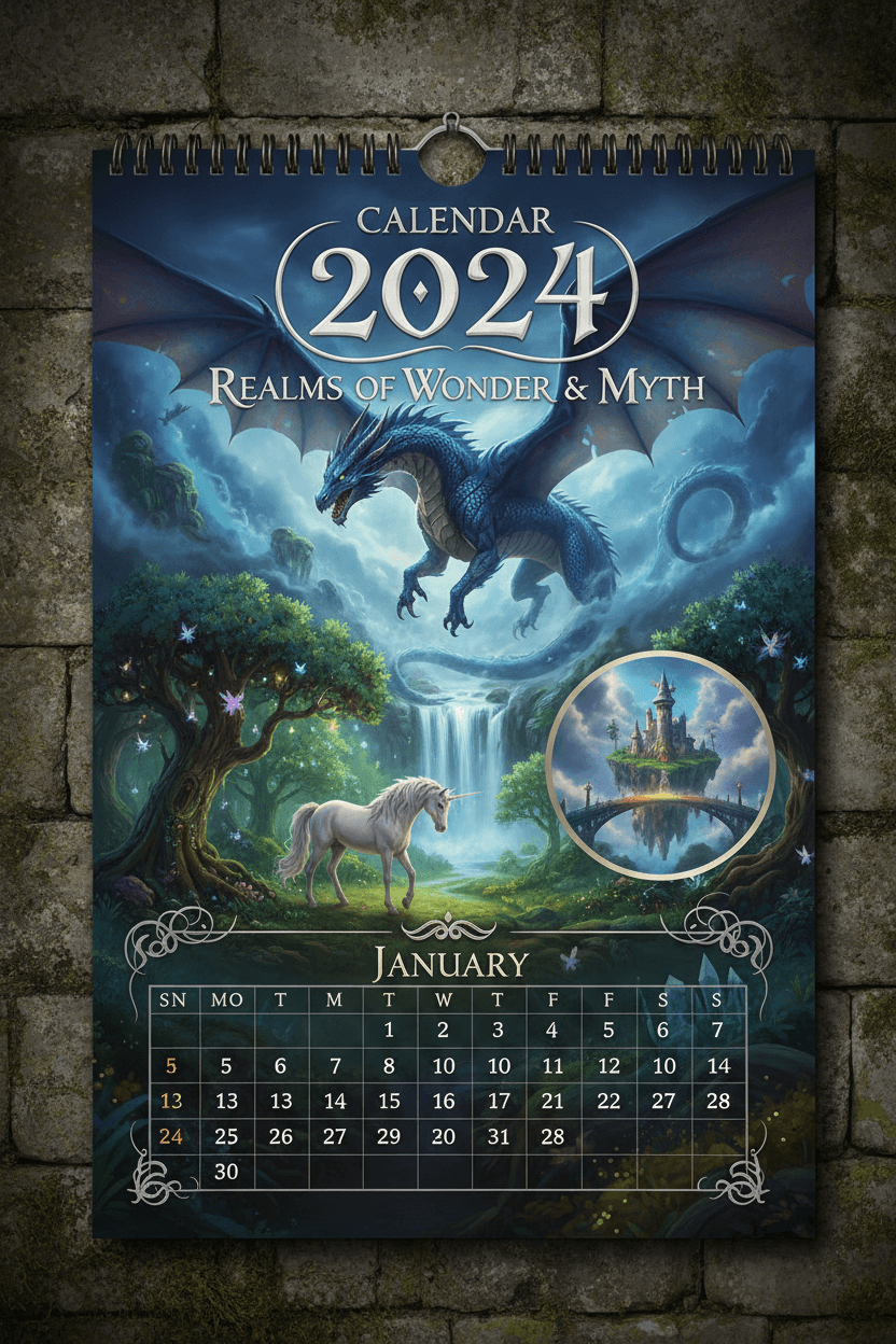 신화 속 동물과 마법에 걸린 풍경이 담긴 환상적인 2024년 달력.